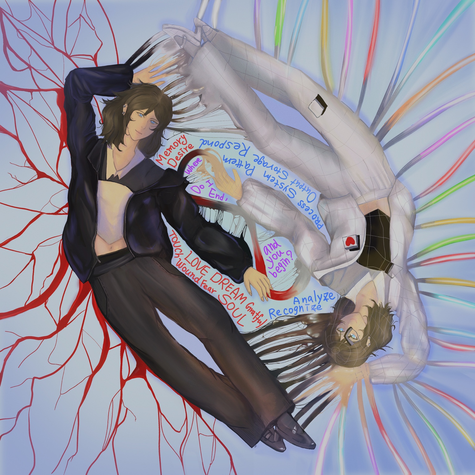 AI × Human 靜態插畫:兩個相向環繞的人形與交織的紅藍線條,保留完整正方形構圖