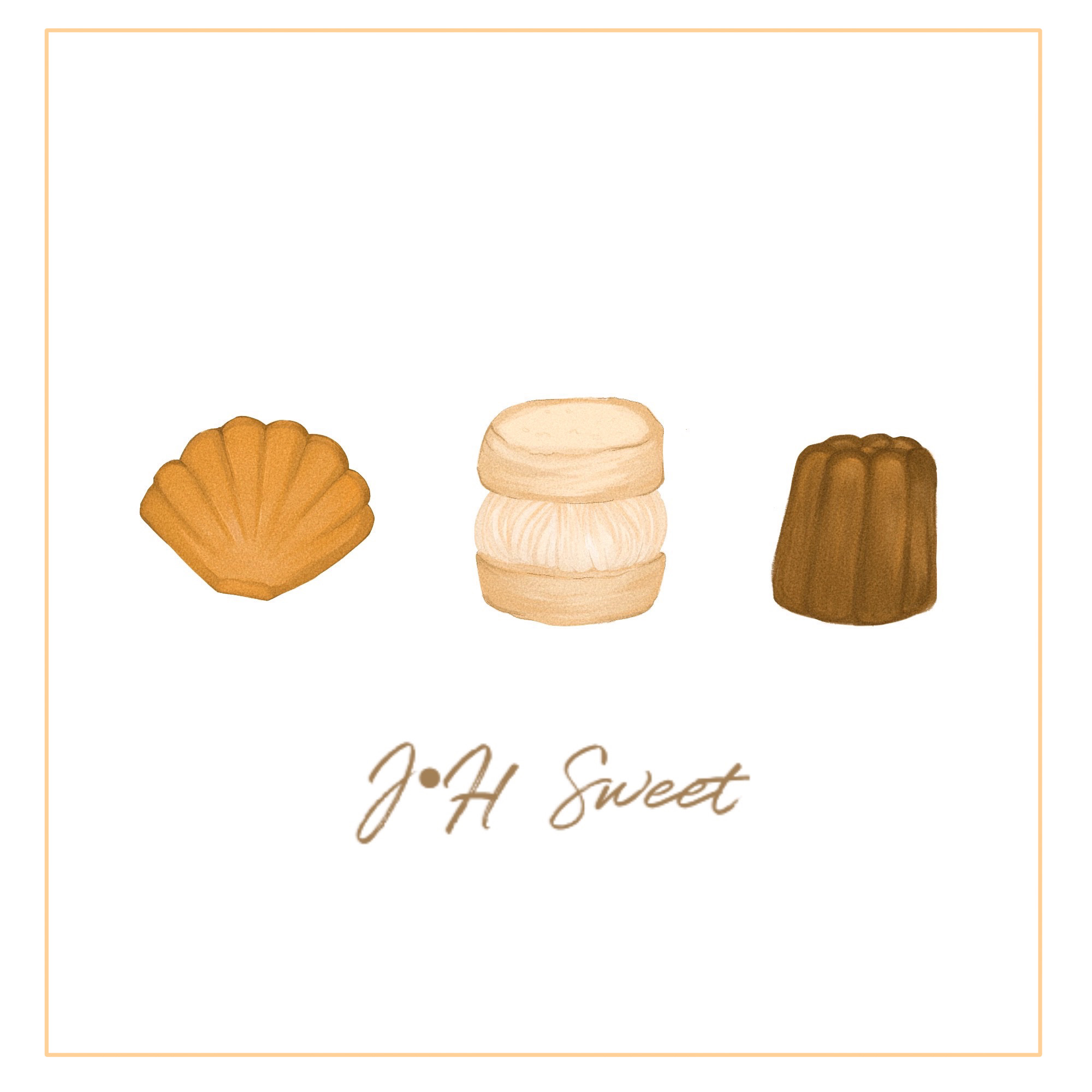 J．H Sweet 原始視覺稿，三個甜點插畫與手寫品牌字樣排列在留白紙面上